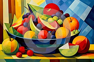 Bowl of Fruit in the style of Cubism (Generative AI) photo