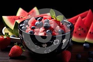 bowl of fruit with various kinds of berries and watermelon in the mixture. symbolize healthiness, vitamin content, and f