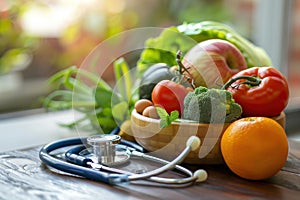 A bowl of fruit and vegetables sits on a table next to a stethoscope