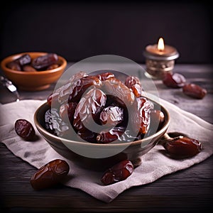 A bowl full of dried dates, a perfect snack full of sweet and sticky flavor.