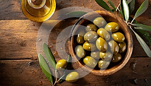 Bowl Full of Fresh Green Olives and an Olive Oil Cruet - Generative Ai