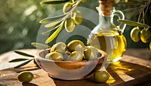 Bowl Full of Fresh Green Olives and an Olive Oil Cruet - Generative Ai