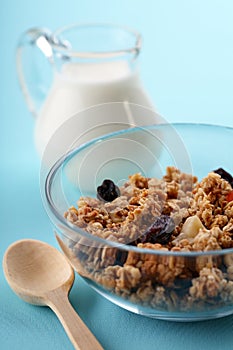 Bowl full of musli with milk, healthy breakfast