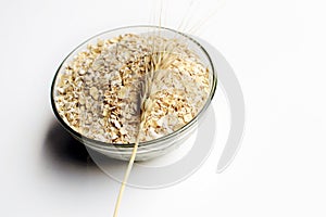Bowl full of oats. Porridge oats in  cereal bowl on white background. A bowl of whole oats isolated on a white background.
