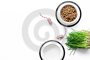 Bowl full and overflowing with dry pet - cat food bits on white background top view mock-up