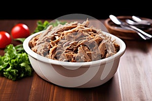 a bowl full of pulled pork ready to serve with vinegar sauce