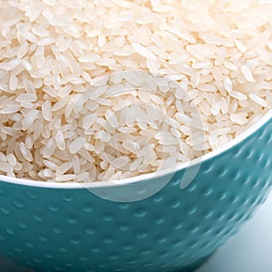 Bowl full of rice on white background.  Close-up. Copy-space. Ingredient for a healthy diet.