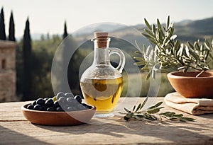 Bowl full of selected black olives and glass carafe of olive oil stand on rustic wooden table. Tree and sunny Italian