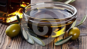 Bowl with golden extra virgin olive oil next to green olives with leaves and oil bottle on a dark wooden table