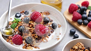 Bowl of granola with berries and milk