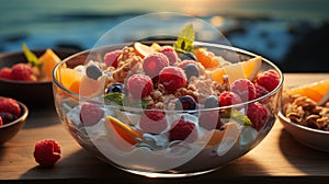 Bowl of granola with yogurt, berries and fruits with sea view in the morning