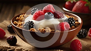 A Bowl Of Greek Yogurt With Berries And Granola. Generative AI