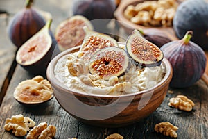 Bowl of Greek yogurt with honey- walnuts and sliced fig.