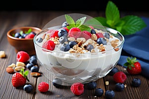 Bowl of greek yogurt sprinkled with assorted nuts and topped with fresh berries, Ai Generated