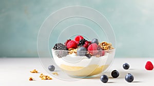 A bowl of Greek yogurt topped with granola, mixed berries, and a drizzle of honey