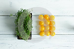 Bowl with green, fresh cressalat and yellow cherry tomatoes lying on a white wooden table. View from above