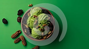 Bowl of green pistachio ice cream and dried fruit pieces isolated on green background. Top view