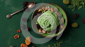 Bowl of green pistachio ice cream and dried fruit pieces isolated on green background. Top view