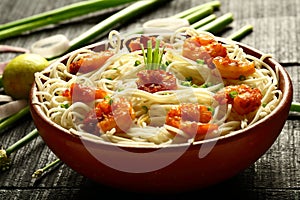 Bowl of healthy diet recipe- seafood noodles.