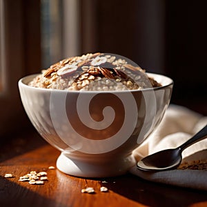 Bowl of healthy oatmeal with berries, nutritious breakfast meal