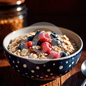 Bowl of healthy oatmeal with berries, nutritious breakfast meal