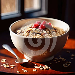 Bowl of healthy oatmeal with berries, nutritious breakfast meal