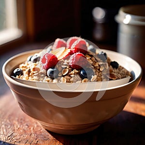 Bowl of healthy oatmeal with berries, nutritious breakfast meal