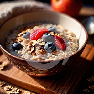 Bowl of healthy oatmeal with berries, nutritious breakfast meal