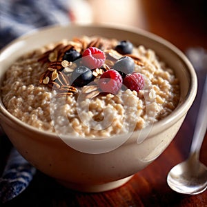 Bowl of healthy oatmeal with berries, nutritious breakfast meal