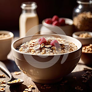 Bowl of healthy oatmeal with berries, nutritious breakfast meal