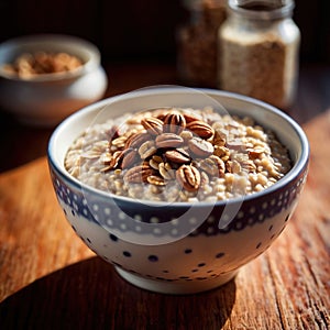 Bowl of healthy oatmeal with berries, nutritious breakfast meal