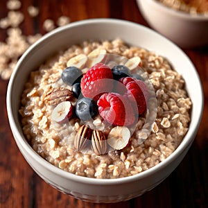 Bowl of healthy oatmeal with berries, nutritious breakfast meal