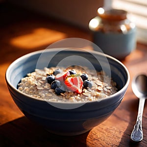 Bowl of healthy oatmeal with berries, nutritious breakfast meal