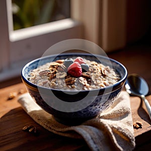 Bowl of healthy oatmeal with berries, nutritious breakfast meal