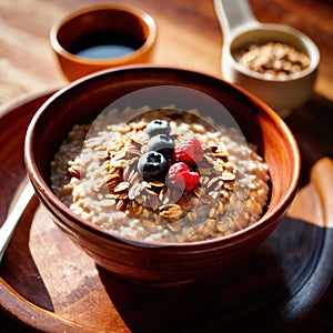 Bowl of healthy oatmeal with berries, nutritious breakfast meal