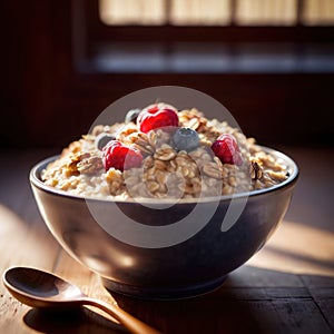 Bowl of healthy oatmeal with berries, nutritious breakfast meal