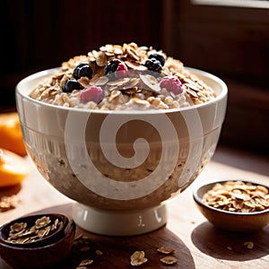 Bowl of healthy oatmeal with berries, nutritious breakfast meal