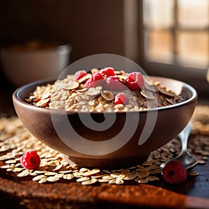 Bowl of healthy oatmeal with berries, nutritious breakfast meal