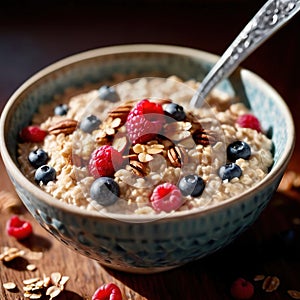 Bowl of healthy oatmeal with berries, nutritious breakfast meal