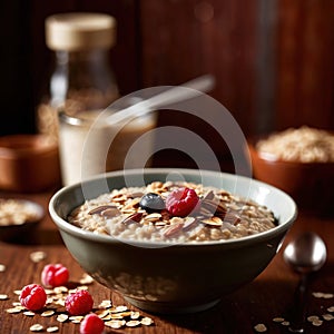 Bowl of healthy oatmeal with berries, nutritious breakfast meal