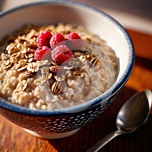 Bowl of healthy oatmeal with berries, nutritious breakfast meal