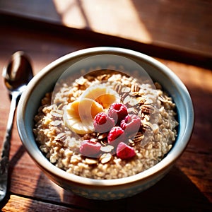 Bowl of healthy oatmeal with berries, nutritious breakfast meal