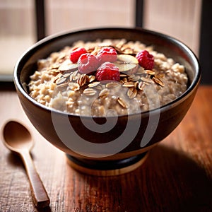 Bowl of healthy oatmeal with berries, nutritious breakfast meal