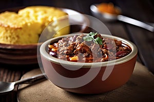 A bowl of hearty beef chili with tender beef, beans, and spices. (Generative AI)
