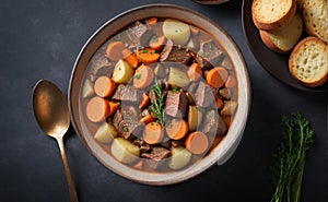 A bowl of hearty beef stew with carrots and potatoes