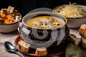 bowl of hearty soup, with croutons and cheese for garnish