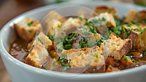 A bowl of hearty vegetable soup topped with crunchy croutons and fresh herbs serves as the main course photo