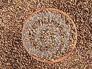 Bowl of hemp seeds, flat lay