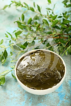 Bowl of henna pate made of lowsonia leaves