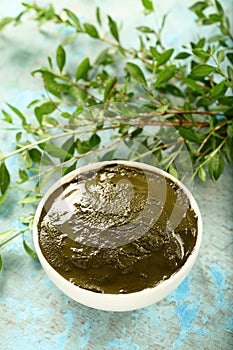 Bowl of henna pate made of lowsonia leaves